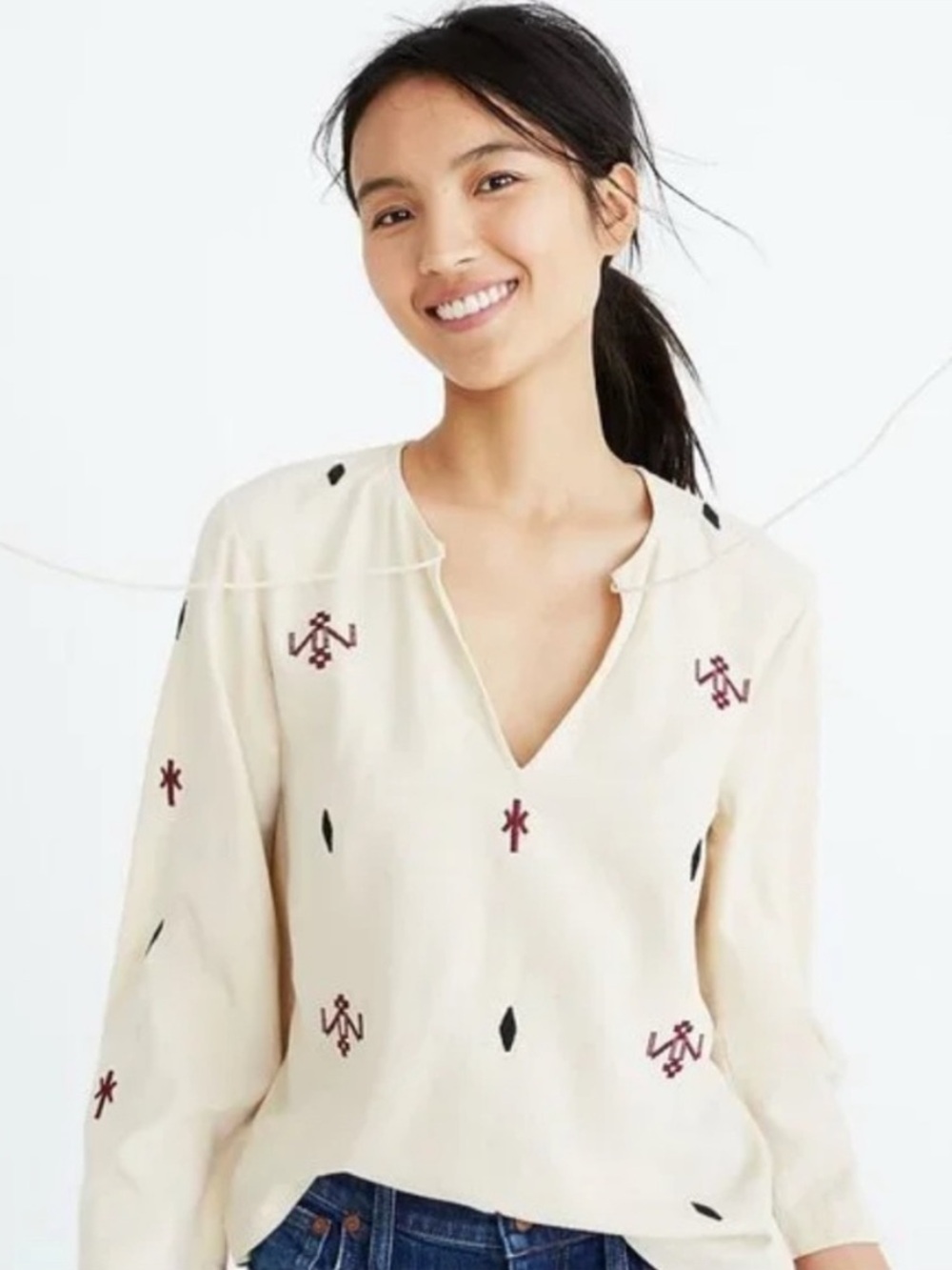 MADEWELL Embroidered Cream V-Neck Women’s Top
